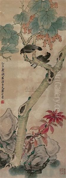 Two Birds And Tree Oil Painting by  Huang Shanshou