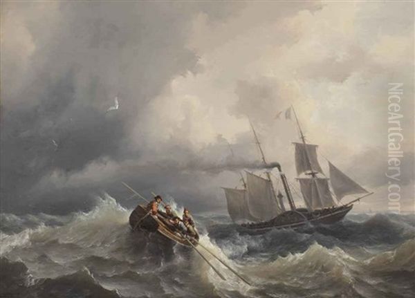 Rowing Towards A French Steam Paddleboat In Stormy Waters Oil Painting by Louis Huard