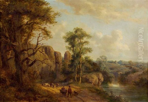 Romantische Landschaft Mit Rinderherde, Esel Und Wanderer by Louis Huard