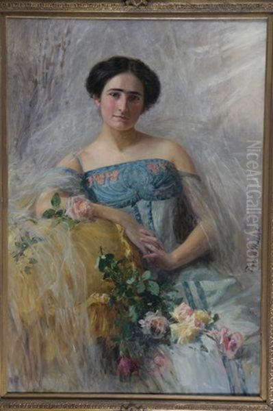 Portrait D'elegante Au Bouquet De Roses Oil Painting by Ferdinand d' Huart