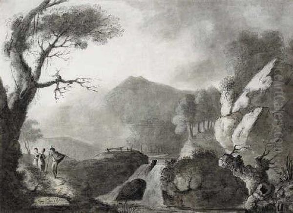 Figures Conversing By A River Signed And Inscribed Lower Left Black Chalk Oil Painting by John James Barralet