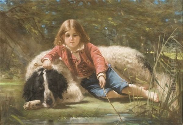 Un Garcon Pechant Avec Son Chien Oil Painting by Pierre-Adolphe Huas