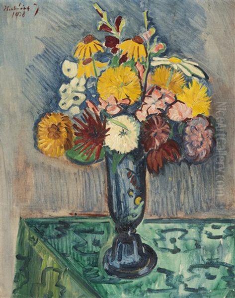 Bouquet In A Blue Vase Oil Painting by Josef Hubacek