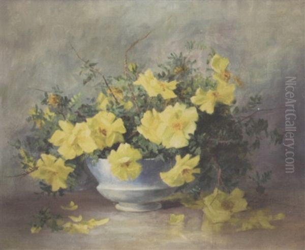 Yellow Flowers On A Tabletop Oil Painting by Lydia M. B. Hubbard