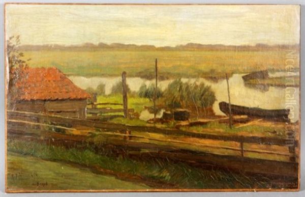 Dutch Study Landscape Of Amsterdamlandscape Oil Painting by Frits Hubeek