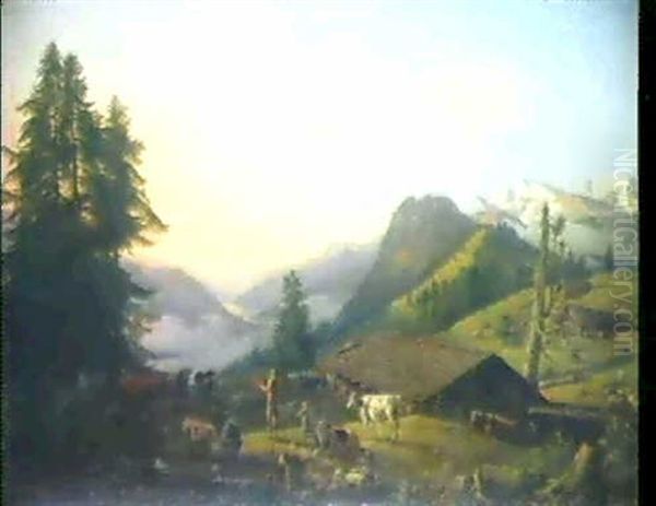 Bauernidyll Im Berner Oberland Oil Painting by Johann Rudolf Huber the Elder