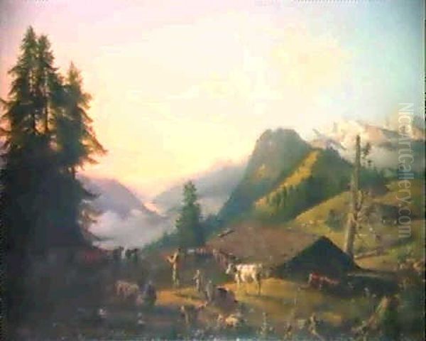 Landschaft Mit Figurenstaffageim Berner Oberland Oil Painting by Johann Rudolf Huber the Elder