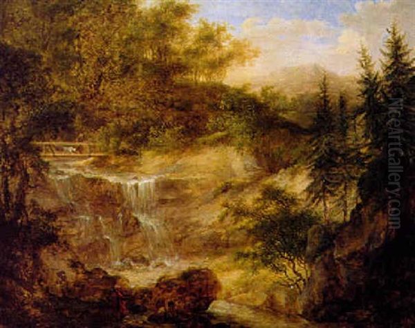 Waldige Gebirgslandschaft Mit Wasserfall Oil Painting by Konrad Huber von Weissenhorn