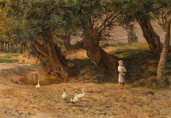 Die Kleine Gansehirtin Unter Weiden Oil Painting by Carl Rudolph Huber