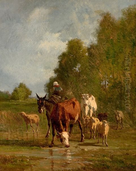 Cattle At A Drinking Trough Oil Painting by Carl Rudolph Huber