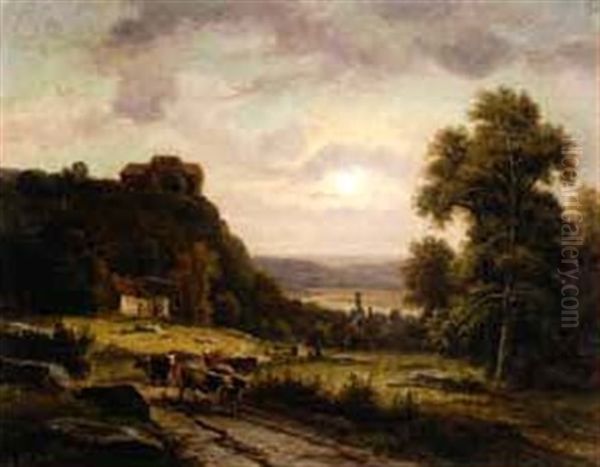 A Cattle Driver In A Wide Landscape, With A Country Church And Cottage Oil Painting by Carl Rudolph Huber