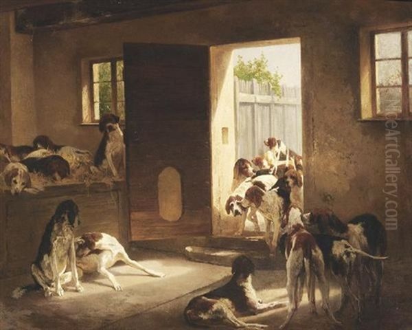 Hundemeute. Jagdhunde Im Stall Oil Painting by Carl Rudolph Huber