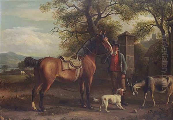 A Horseman And His Horse With A Dog And A Goat, A Pasture And Town Beyond Oil Painting by Jean Daniel Huber