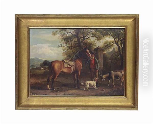 A Horseman And His Horse With A Dog And A Goat, A Pasture And Town Beyond Oil Painting by Jean Daniel Huber