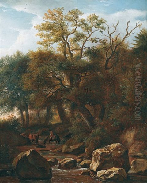 Bewaldete Bachlandschaft Mit Reiter Und Herde Oil Painting by Jean Daniel Huber