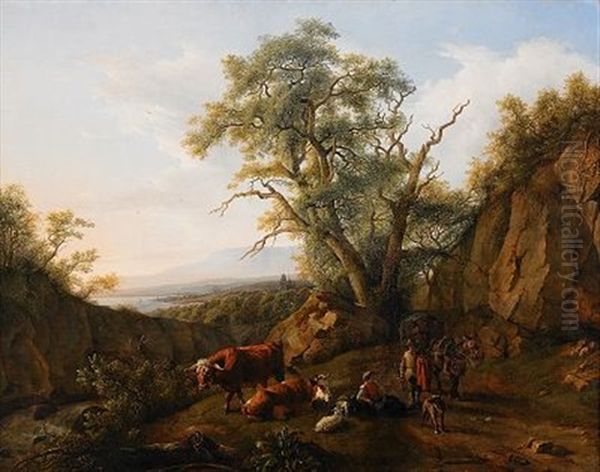 Pastoralt Landskap Med Boskap Och Manniskor Oil Painting by Jean Daniel Huber