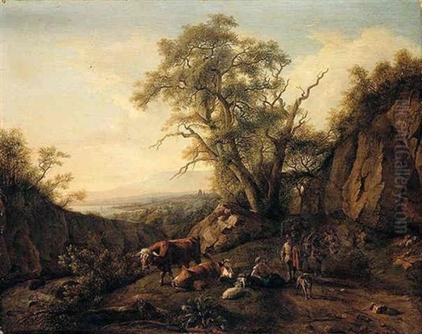 Landscape With A Drover And Mules On A Path, With A Shepherdess And Her Animals Resting Nearby, A Church Spire Beyond Oil Painting by Jean Daniel Huber