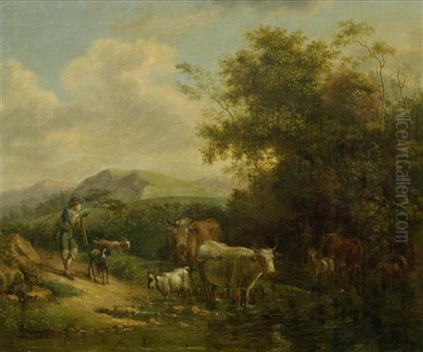 Berglandschaft Mit Hirten Und Tieren Oil Painting by Jean Voltaire Huber