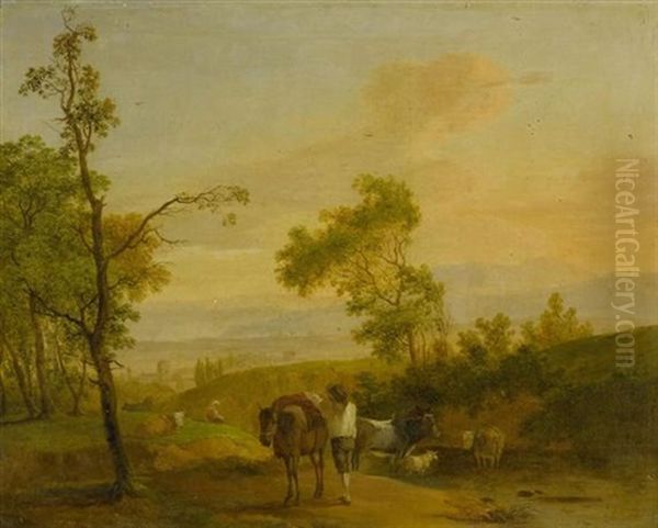 Bauer Mit Seinem Pferd Und Seinen Kuhen Vor Einer Weiten Landschaft Oil Painting by Jean Voltaire Huber