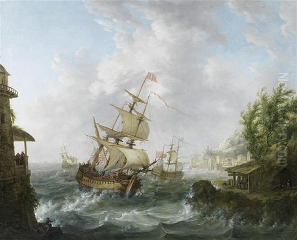 Seascape With American, British And Dutch Frigates Oil Painting by Johann Caspar Huber