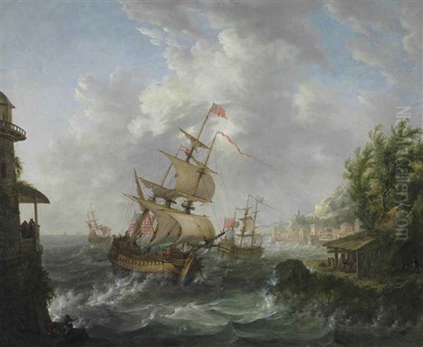 Seascape With American, British And Dutch Frigates Oil Painting by Johann Caspar Huber