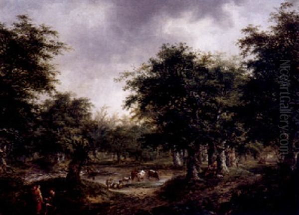 Waldteich Mit Tieren An Der Tranke Oil Painting by Johann Caspar Huber