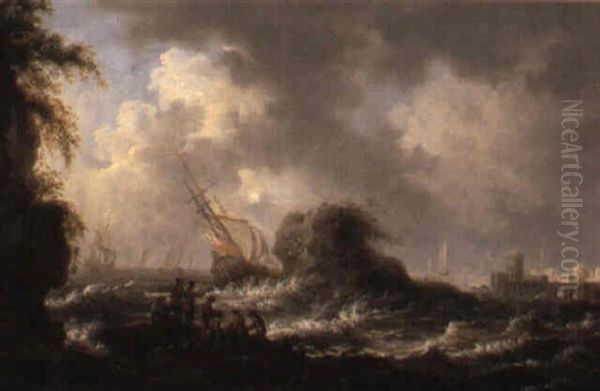 Stormigt Kustlandskap Med Skeppsbrott Oil Painting by Johann Caspar Huber