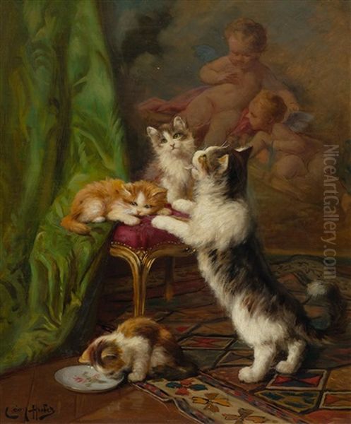 Kittens Playing Before A Tapestry With Two Putti Oil Painting by Leon Charles Huber