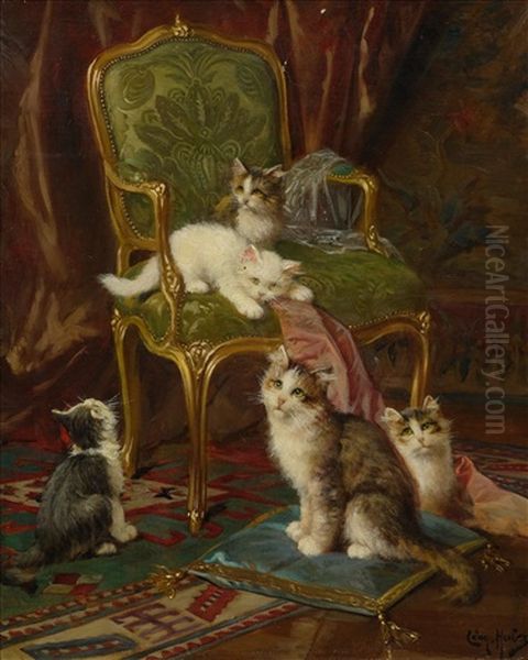 Kittens Playing On A Green Louis Xv Fauteuil Oil Painting by Leon Charles Huber