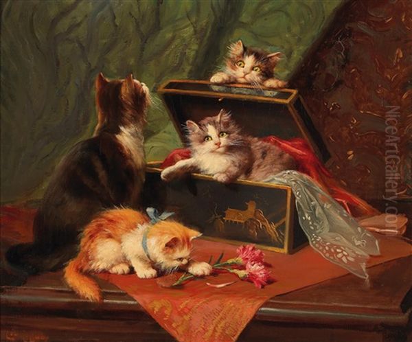 Kittens Playing Oil Painting by Leon Charles Huber