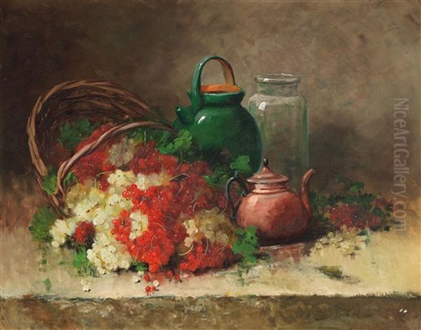 Still Life With Redcurrants And Green Pitcher Oil Painting by Leon Charles Huber