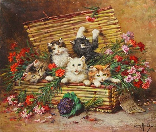 Kittens In A Basket Oil Painting by Leon Charles Huber