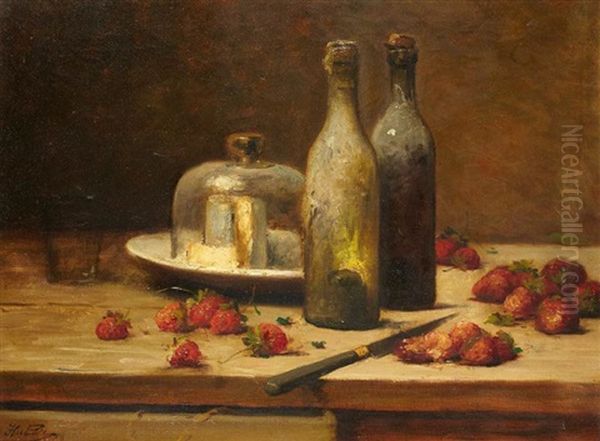 Nature Morte Aux Fraises Et Au Fromage Oil Painting by Leon Charles Huber