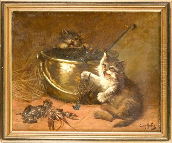 Zwei Verspielte Katzchen Mit Flusskrebsen Oil Painting by Leon Charles Huber