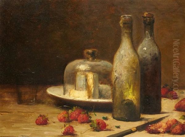 Nature Morte Aux Fraises Et Au Fromage Oil Painting by Leon Charles Huber