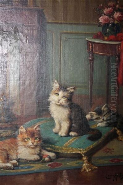 Les Trois Chatons Oil Painting by Leon Charles Huber