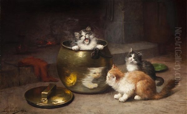 Kittens In The Kitchen Oil Painting by Leon Charles Huber