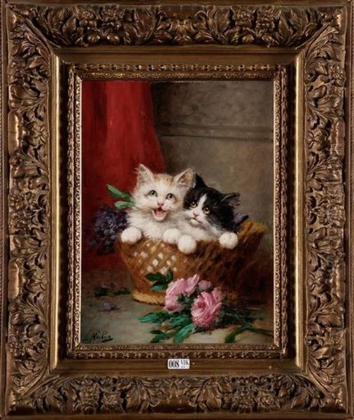 Chatons Dans Un Panier De Fleurs Oil Painting by Leon Charles Huber