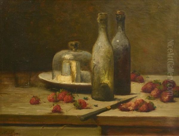 Nature Morte Aux Fraises Et Au Fromage Oil Painting by Leon Charles Huber