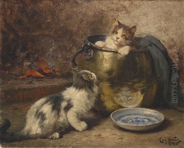 Katzenfamilie Oil Painting by Leon Charles Huber