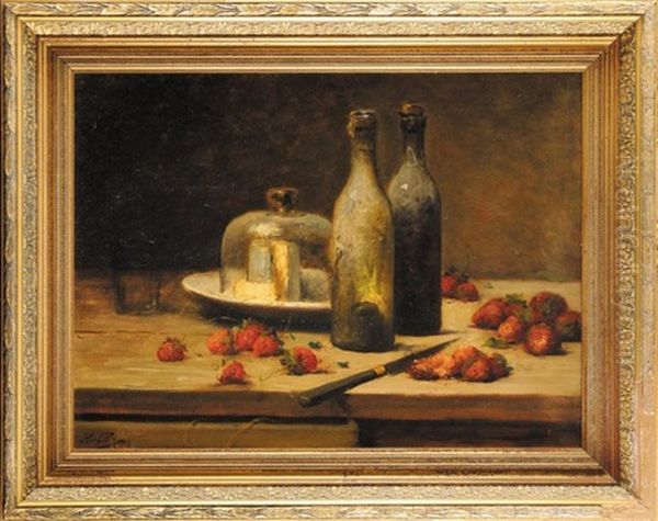 Nature Morte Aux Bouteilles Et Fraises Oil Painting by Leon Charles Huber