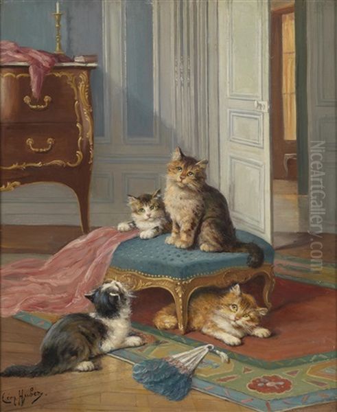 Die Katzenfamilie Oil Painting by Leon Charles Huber