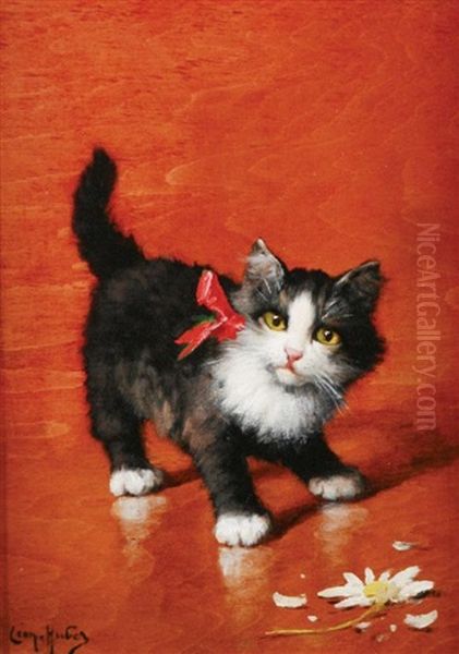 Kitten With A Daisy Oil Painting by Leon Charles Huber