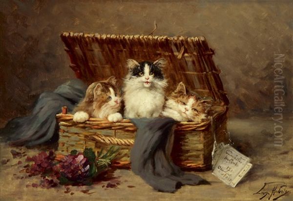 Drei Junge Katzen In Einem Bastkorb Oil Painting by Leon Charles Huber