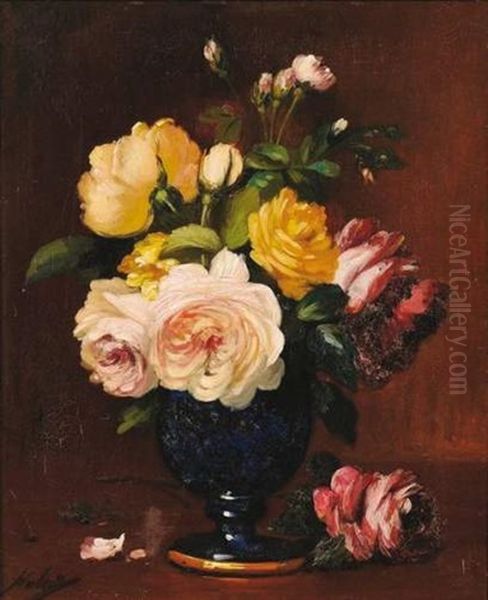 Bouquets De Fleurs (2 Works) Oil Painting by Leon Charles Huber