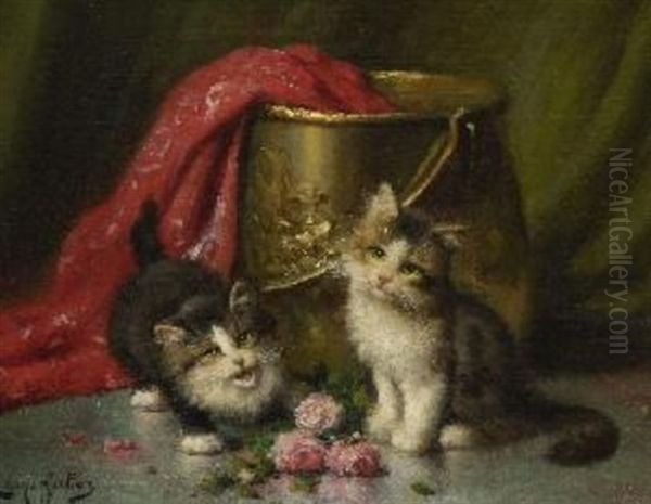 Zwei Katzchen Oil Painting by Leon Charles Huber