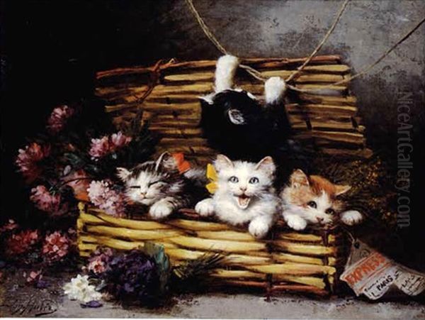 A Gift Of Kittens Oil Painting by Leon Charles Huber