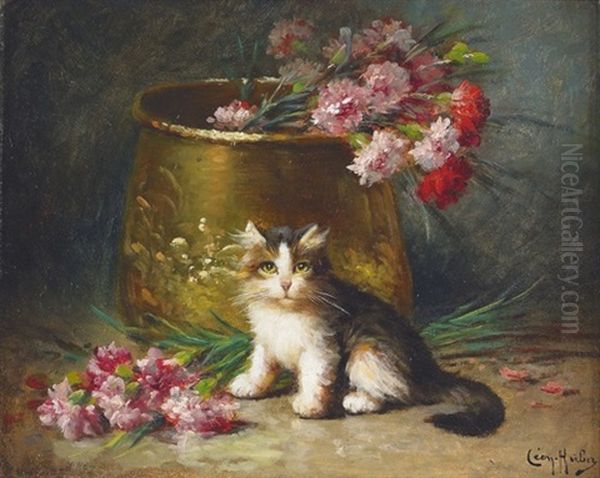 Katzchen Mit Nelken Vor Einem Messingkessel Oil Painting by Leon Charles Huber