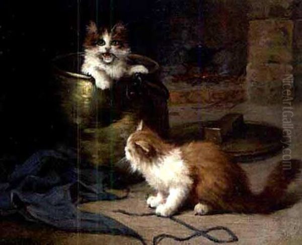 Spielende Katzen Vor Dem Kamin, Eine Im Messingkessel Sitzend Oil Painting by Leon Charles Huber