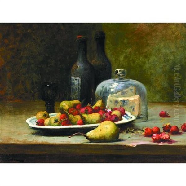 A Still Life With Fruit, Cheese And Wine On A Table Oil Painting by Leon Charles Huber